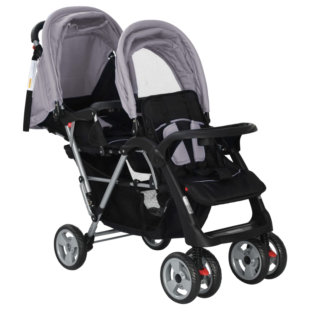 vidaXL Dvojni otroški voziček jeklen sive in črne barve