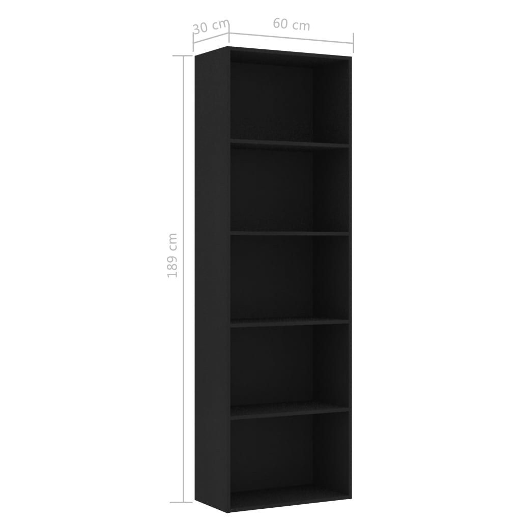 vidaXL Knjižna omara 5-nadstropna črna 60x30x189 cm iverna plošča