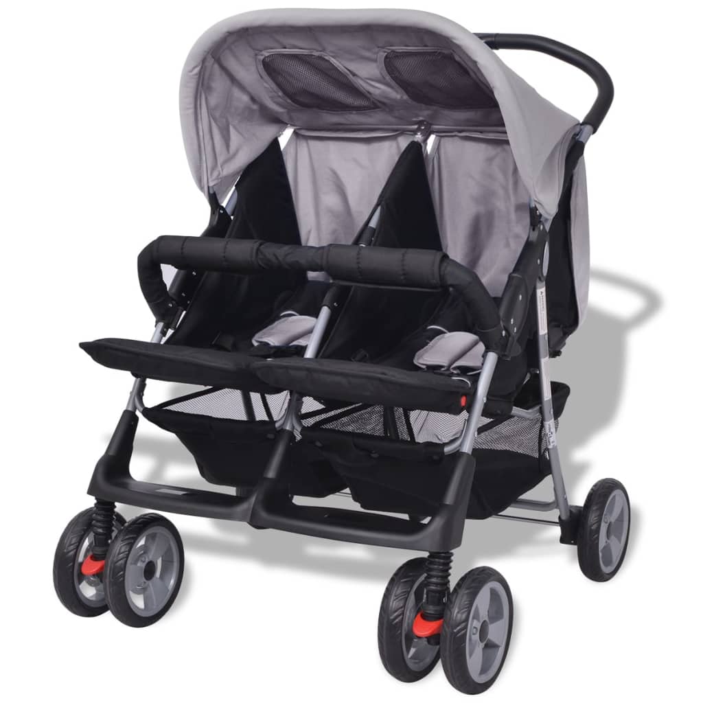vidaXL Otroški voziček za dvojčke jeklen siv in črn