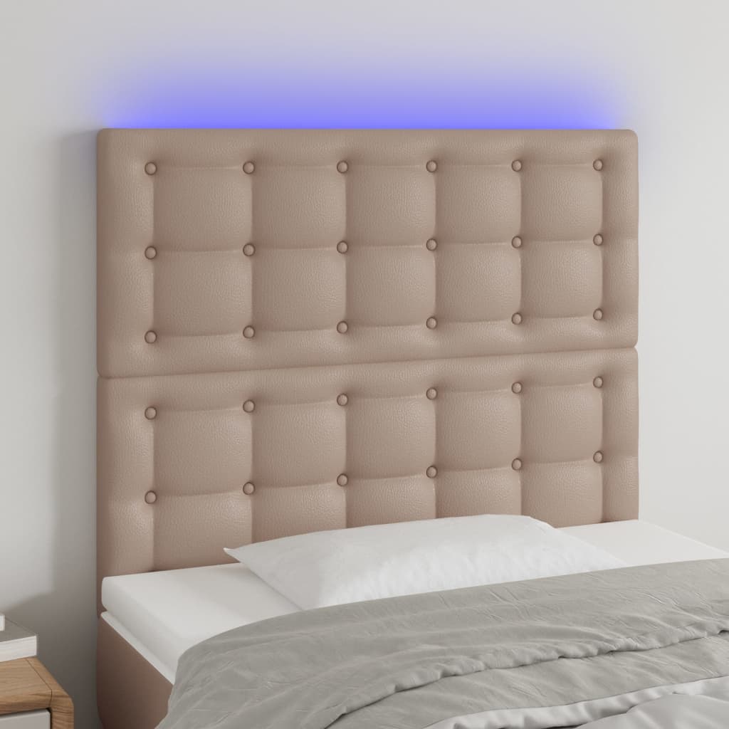 vidaXL LED posteljno vzglavje kapučino 90x5x118/128 cm umetno usnje