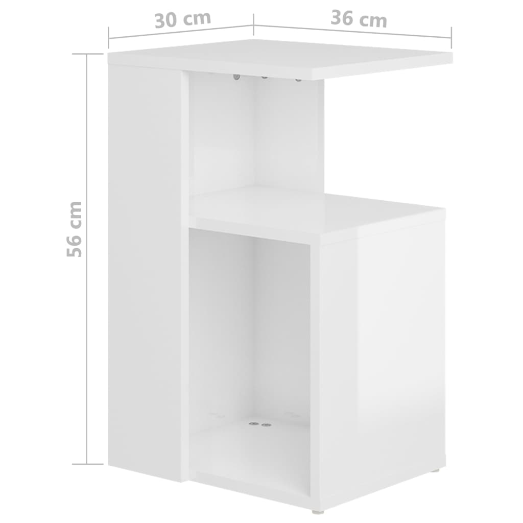 vidaXL Stranska mizica visok sijaj bela 36x30x56 cm iverna plošča