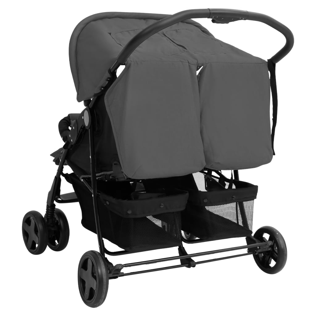 vidaXL Otroški voziček za dvojčke temno siv jeklen