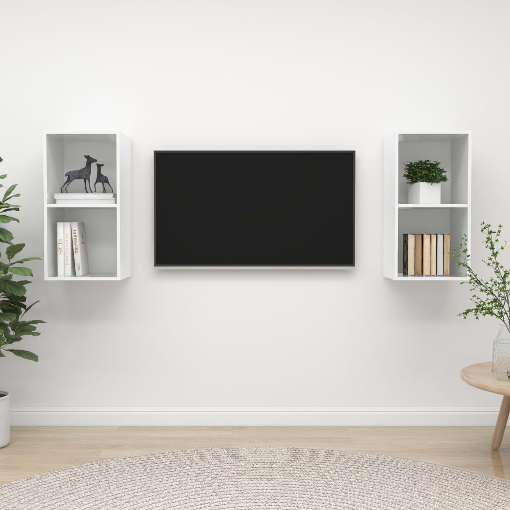 vidaXL Stenska TV omarica 2 kosa visok sijaj bela iverna plošča