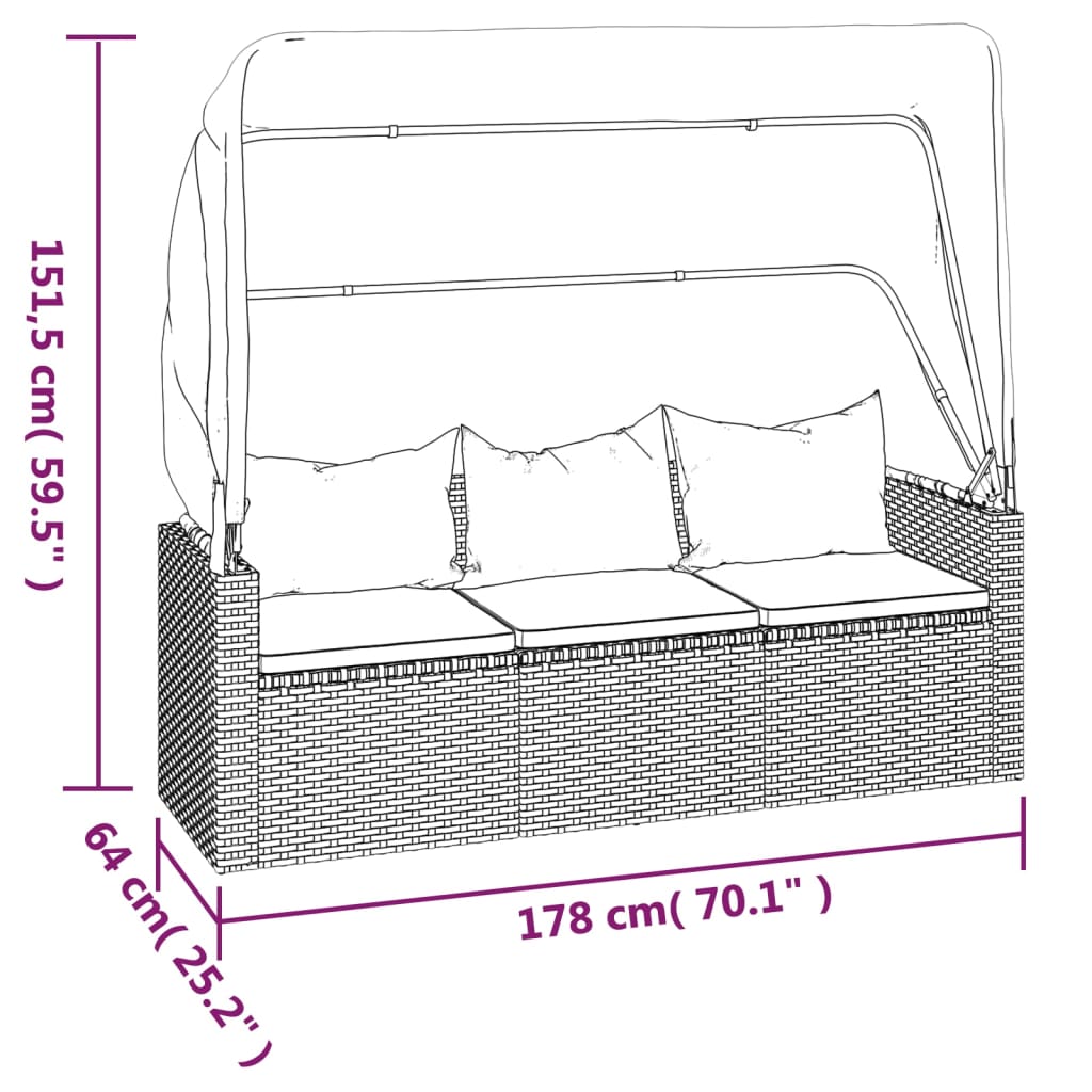 vidaXL Vrtni kavč trosed s streho in stolčkom za noge črn poli ratan