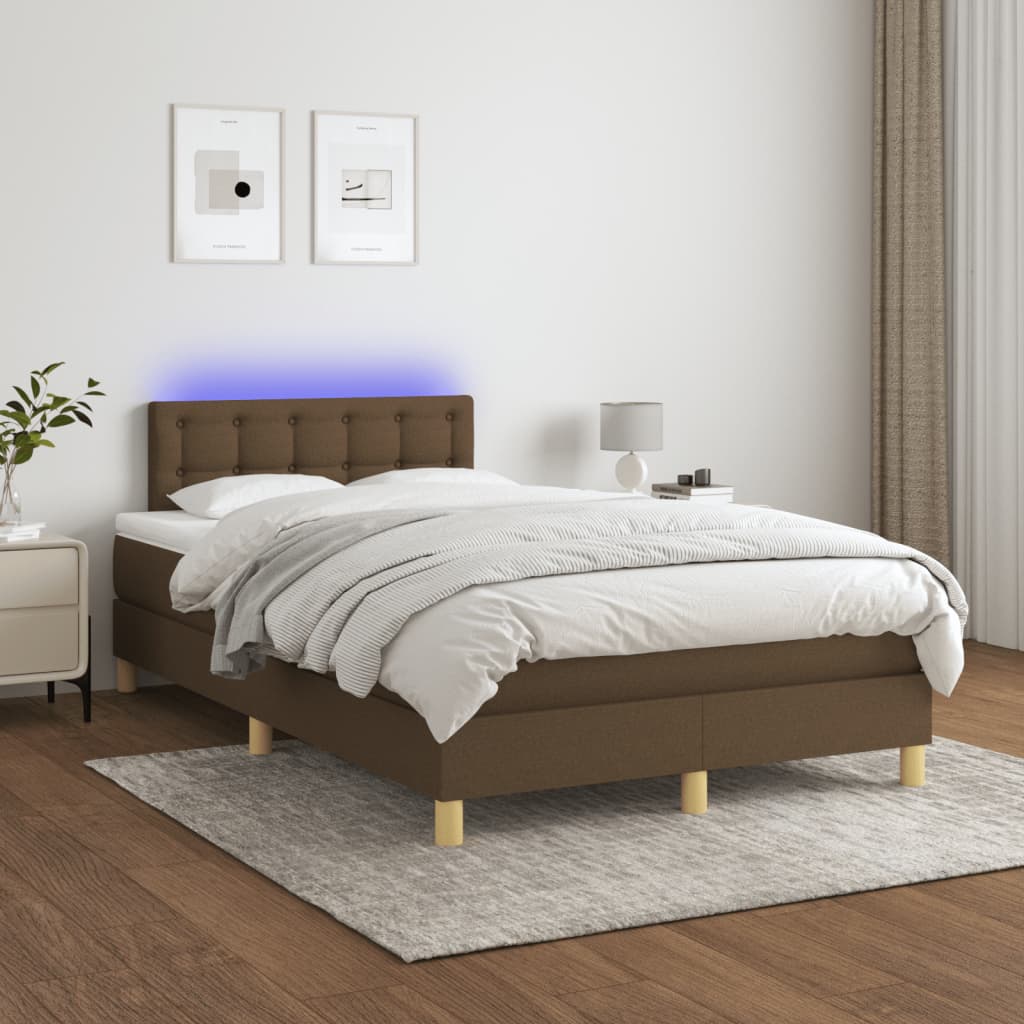 vidaXL Box spring postelja z vzmetnico LED tem. rjava 120x190 cm blago