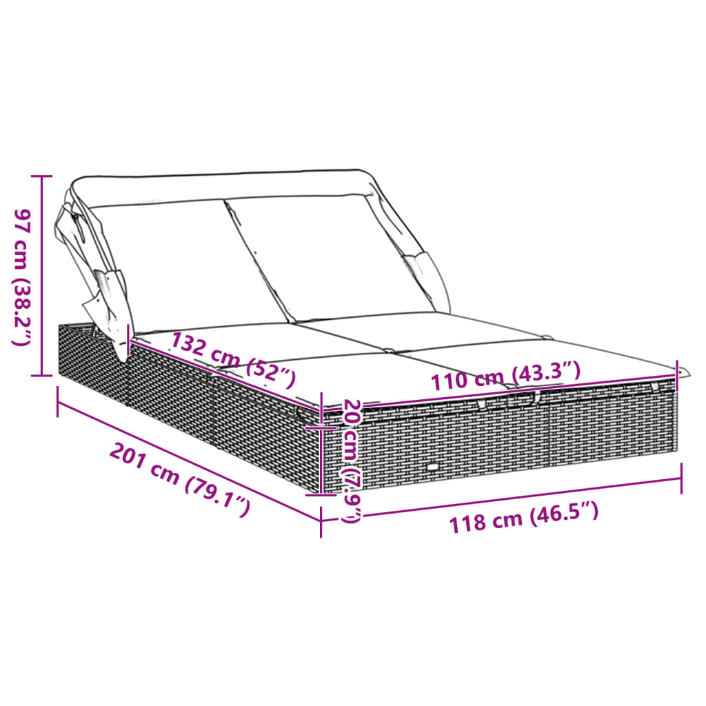 vidaXL Vrtna postelja za 2 osebi s streho črna 213x118x97 cm PE ratan