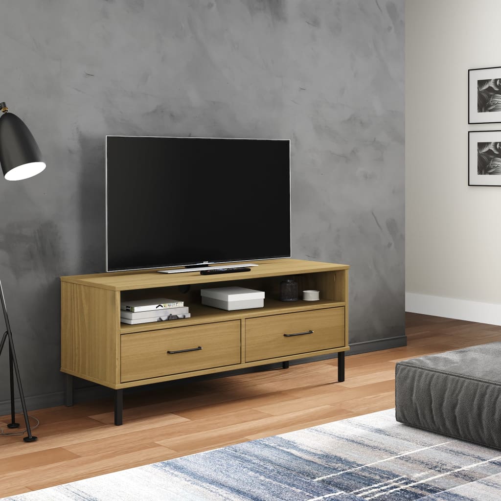 vidaXL TV omarica s kovinskimi nogami rjava trdna borovina OSLO