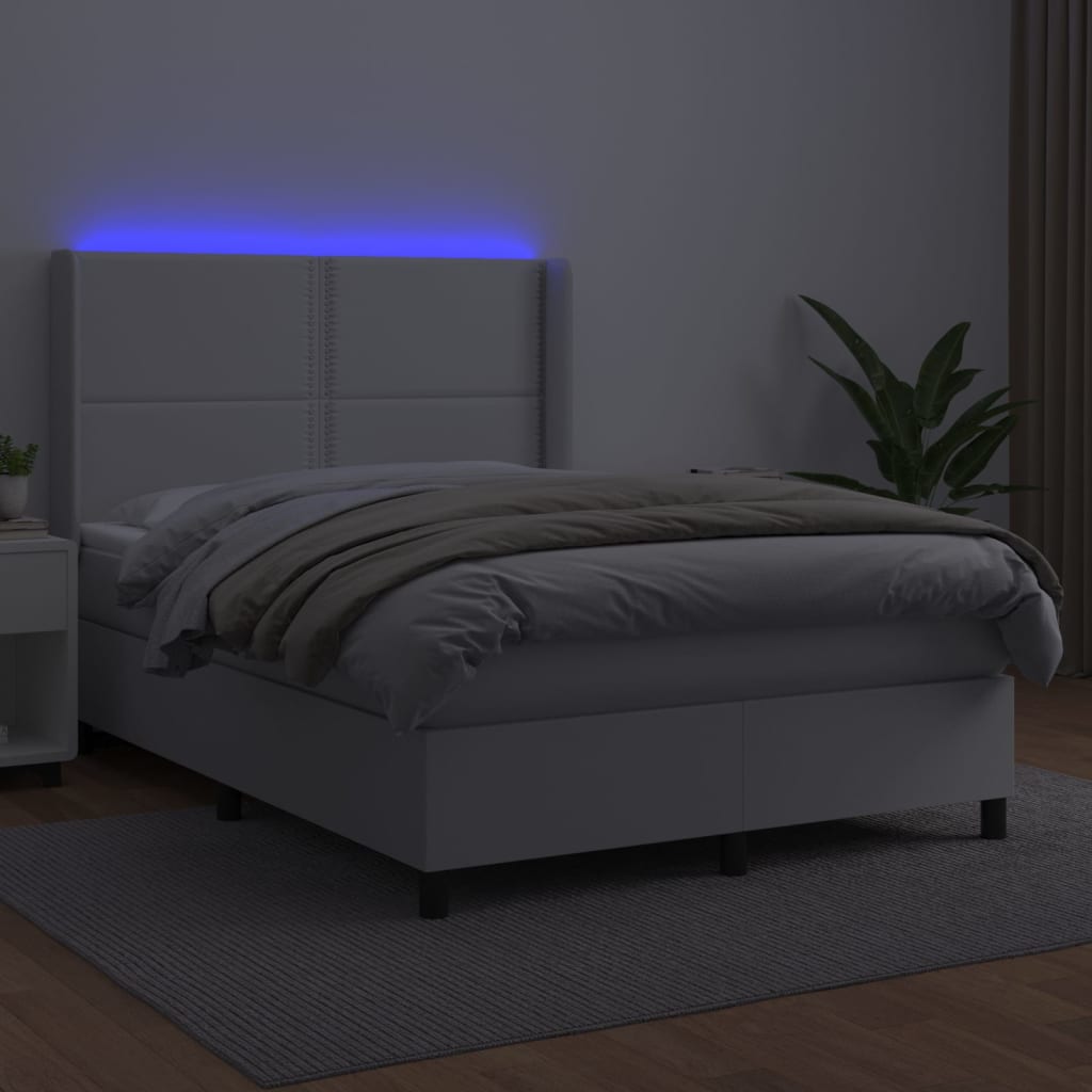 vidaXL Box spring postelja z vzmetnico LED bela 140x190cm umetno usnje