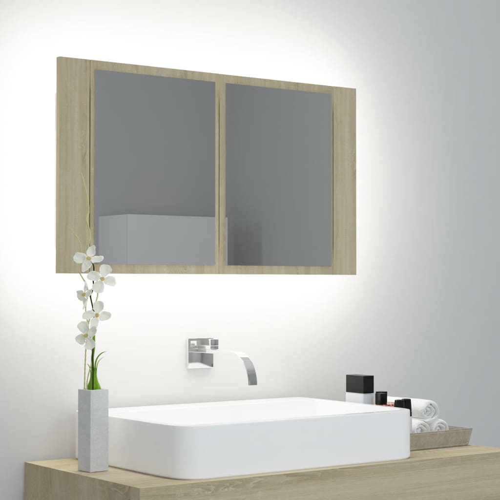 vidaXL LED kopalniška omarica z ogledalom sonoma hrast 80x12x45 akril