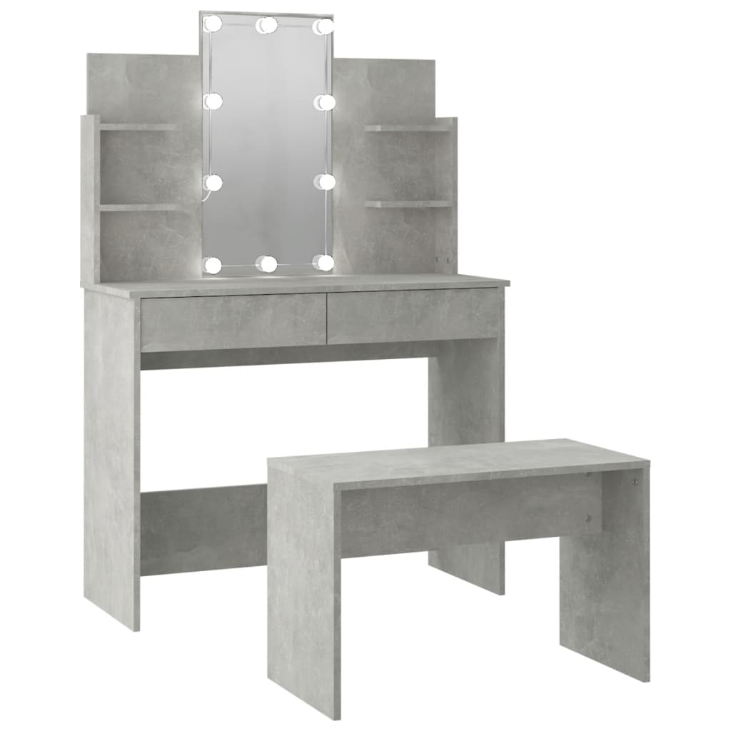 vidaXL Komplet toaletnih mizic z LED lučkami betonsko siv konstr. les