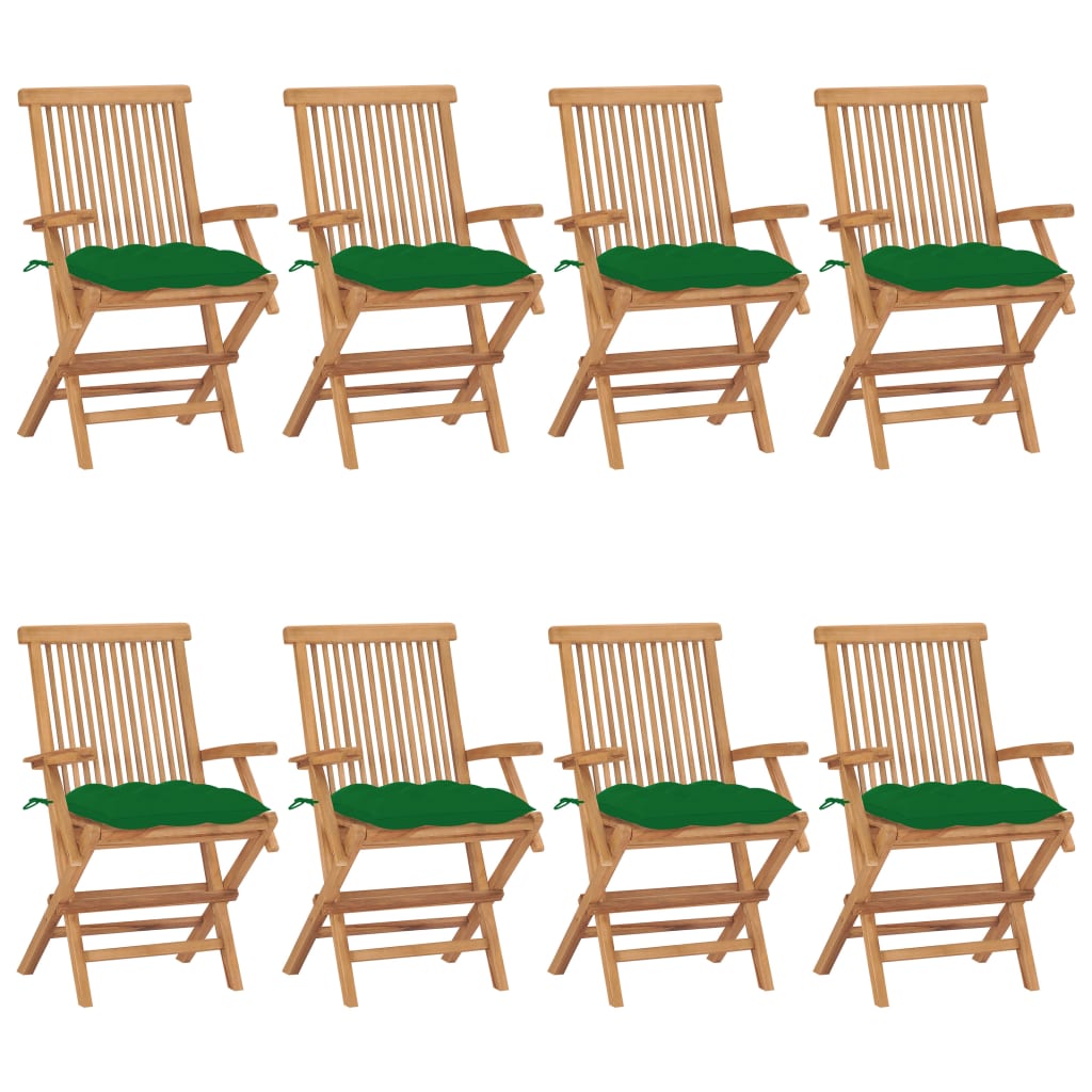 vidaXL Vrtni stoli z zelenimi blazinami 8 kosov trdna tikovina