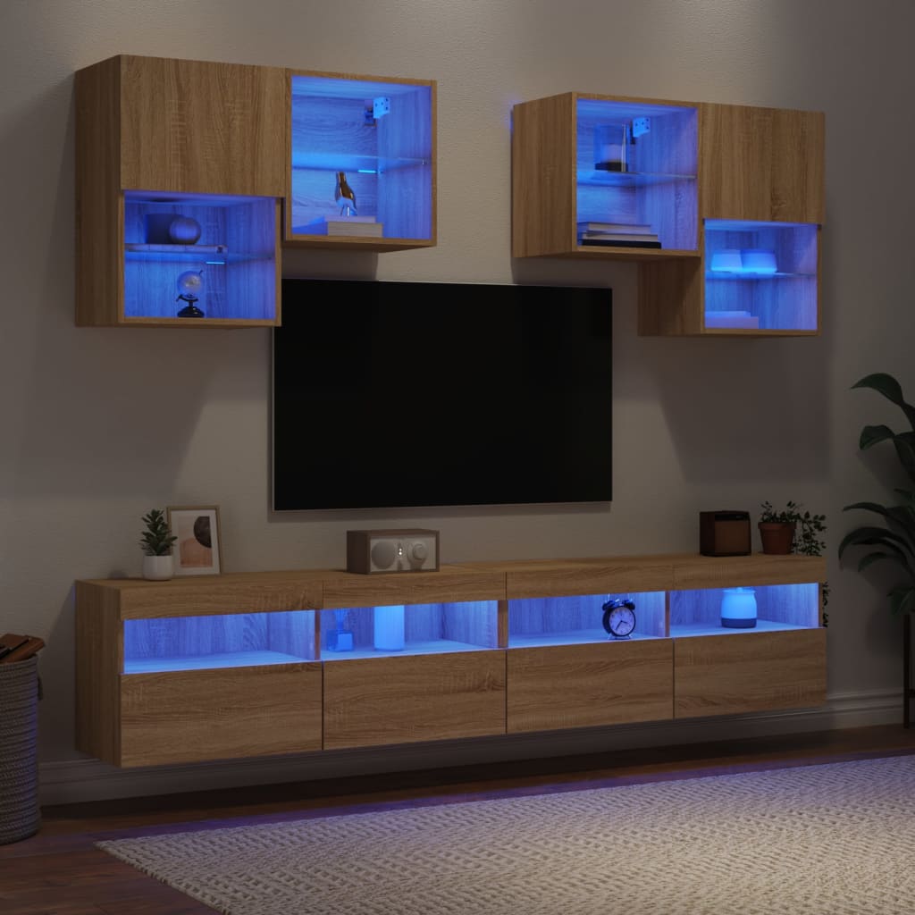 vidaXL Stenske TV omarice z LED lučkami 6 kosov sonoma hrast