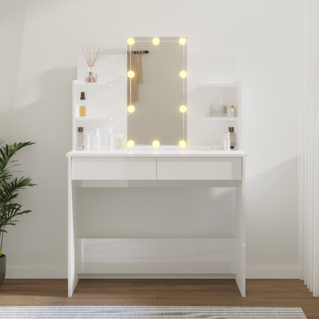 vidaXL Toaletna mizica z LED lučkami visok sijaj bela 96x40x142 cm