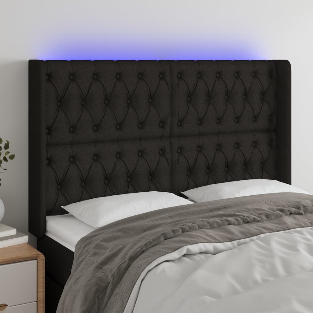 vidaXL LED posteljno vzglavje črno 163x16x118/128 cm blago
