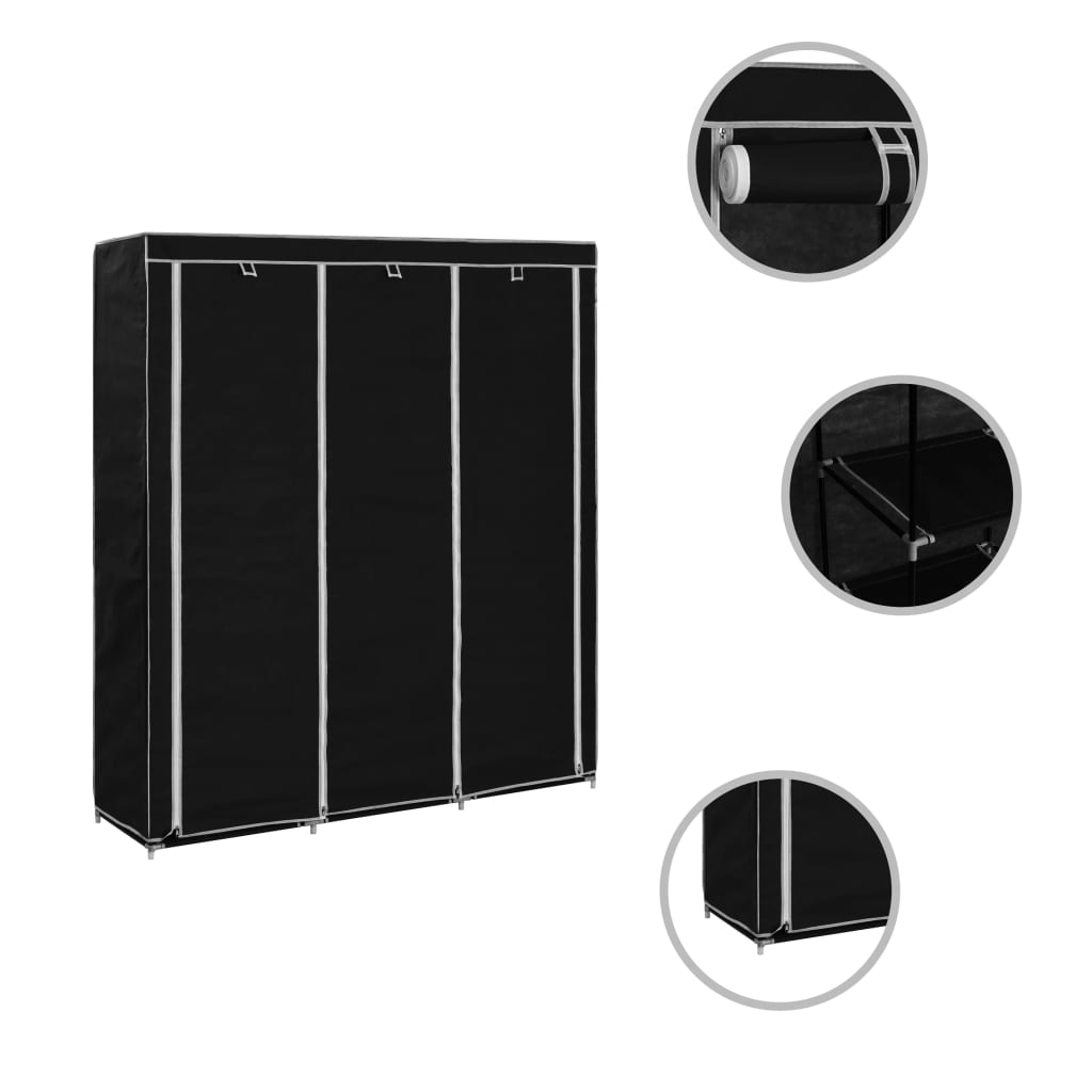 vidaXL Garderobna omara s predelki in palicami črna 150x45x175cm blago