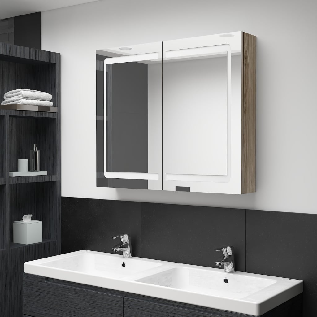 vidaXL LED kopalniška omarica z ogledalom hrast 80x12x68 cm