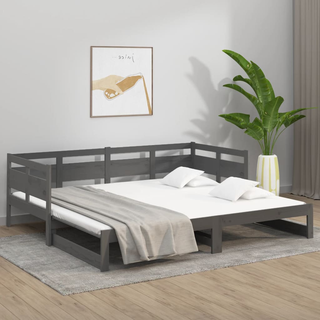 vidaXL Izvlečna dnevna postelja siva trdna borovina 2x(80x200) cm