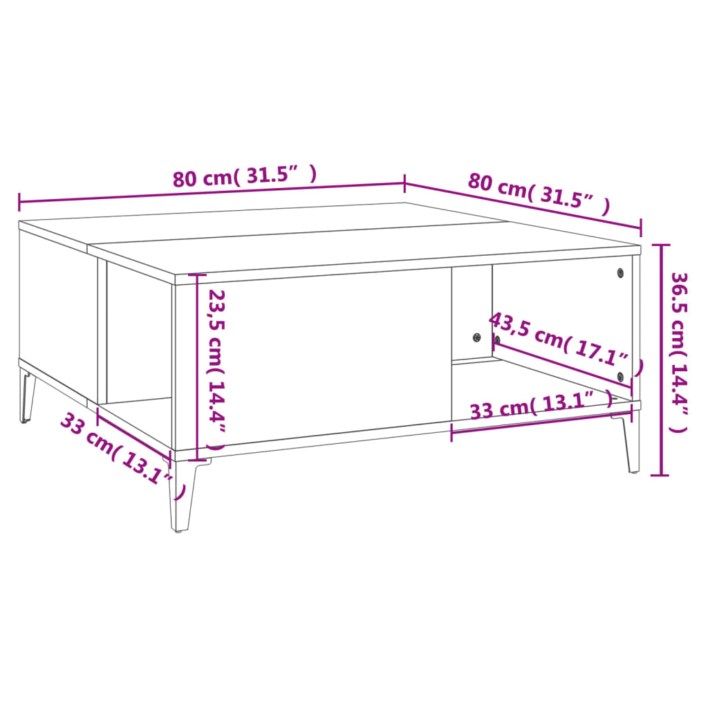 vidaXL Klubska mizica visok sijaj bela 80x80x36,5 cm inženirski les