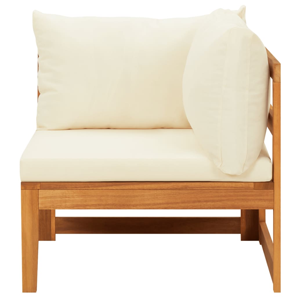 vidaXL Kotni kavč s kremno belimi blazinami trden akacijev les