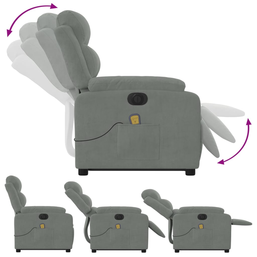 vidaXL Električni masažni naslanjač s funkcijo vstajanja sv. siv žamet