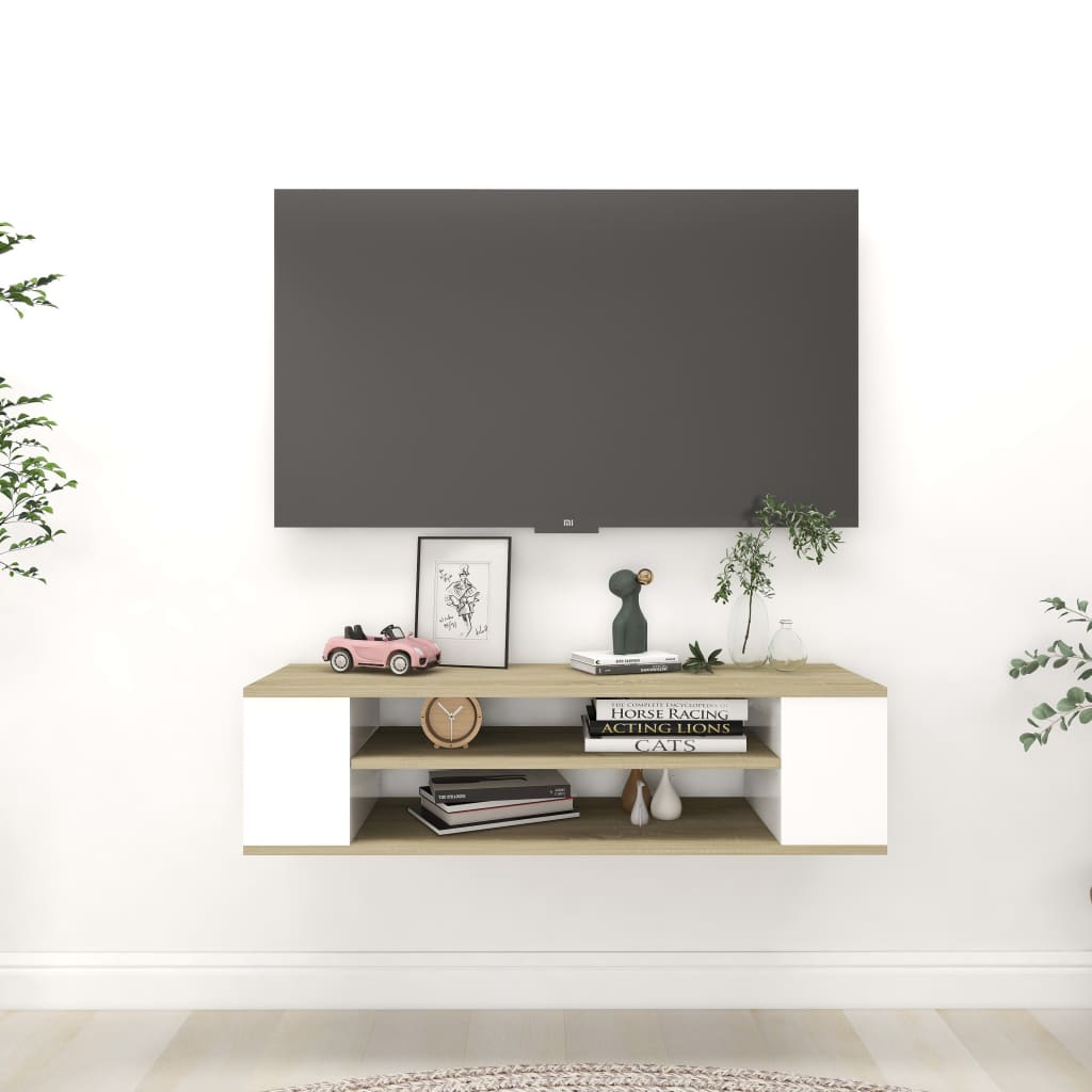 vidaXL Viseča TV omarica bela in sonoma hrast 100x30x26,5 cm iverna p.