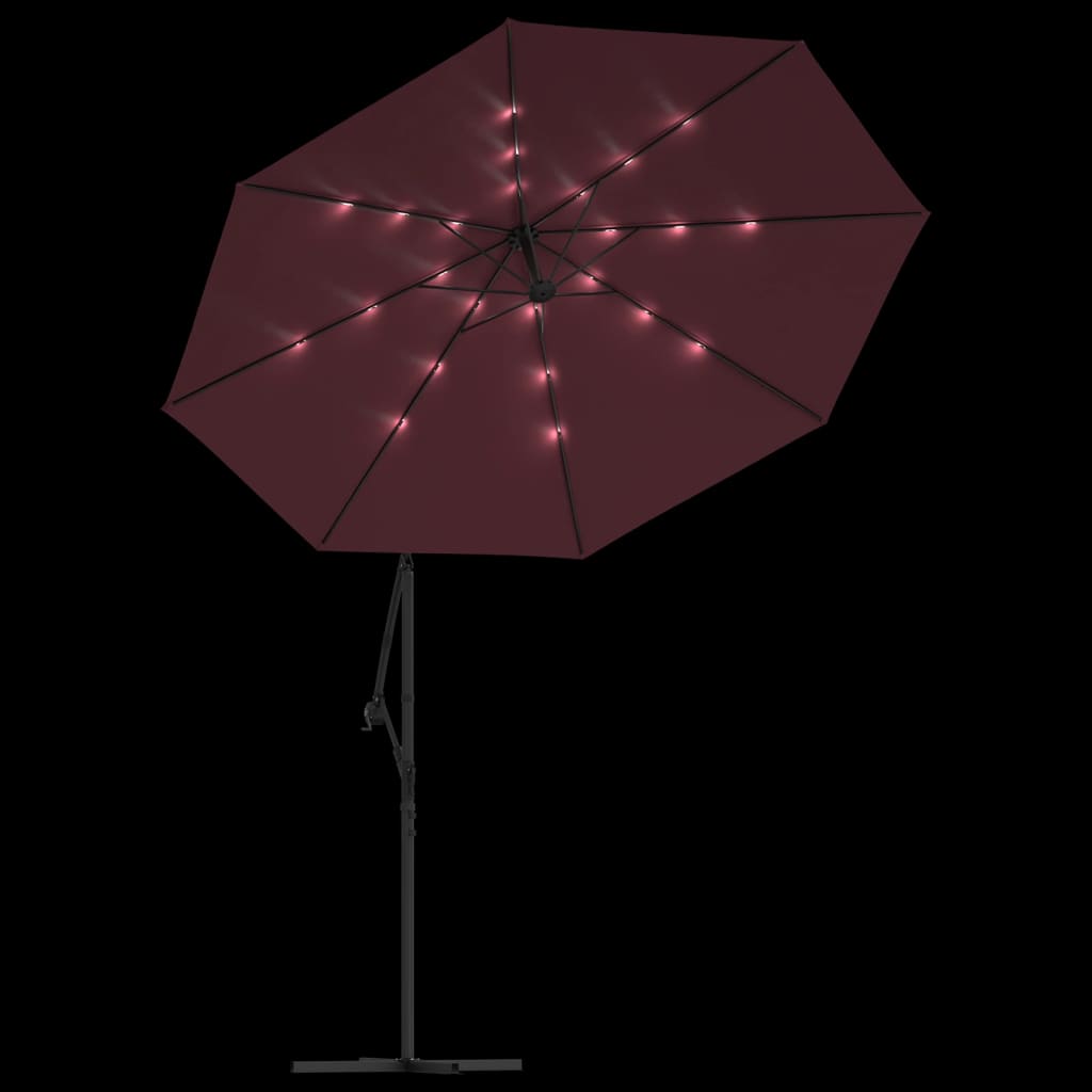 vidaXL Nihajni senčnik z LED lučkami in kovinskim drogom vinsko rdeč