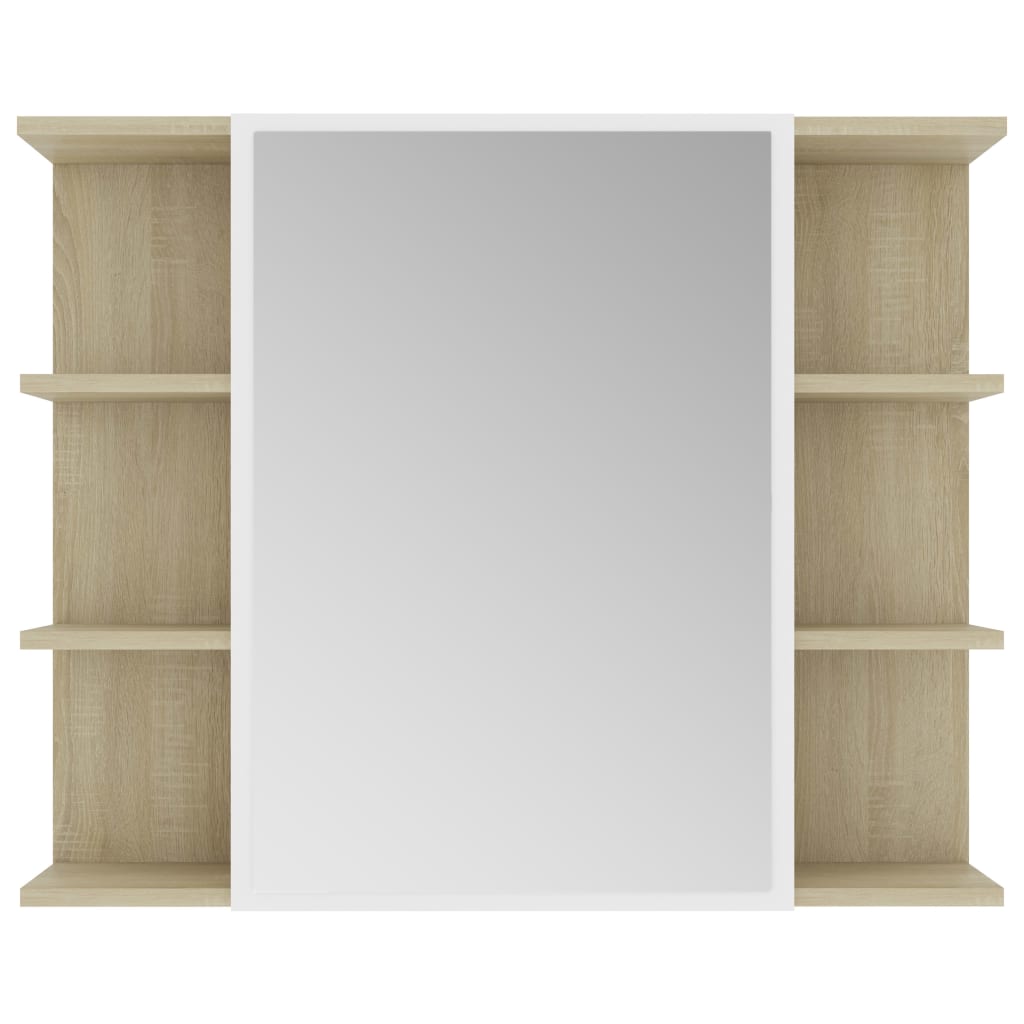 vidaXL Kopalniška omarica z ogledalom bela in sonoma 80x20,5x64 cm