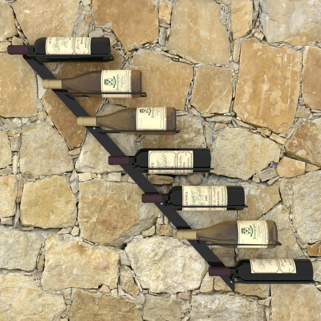 vidaXL Stensko stojalo za vino za 7 steklenic črno kovinsko