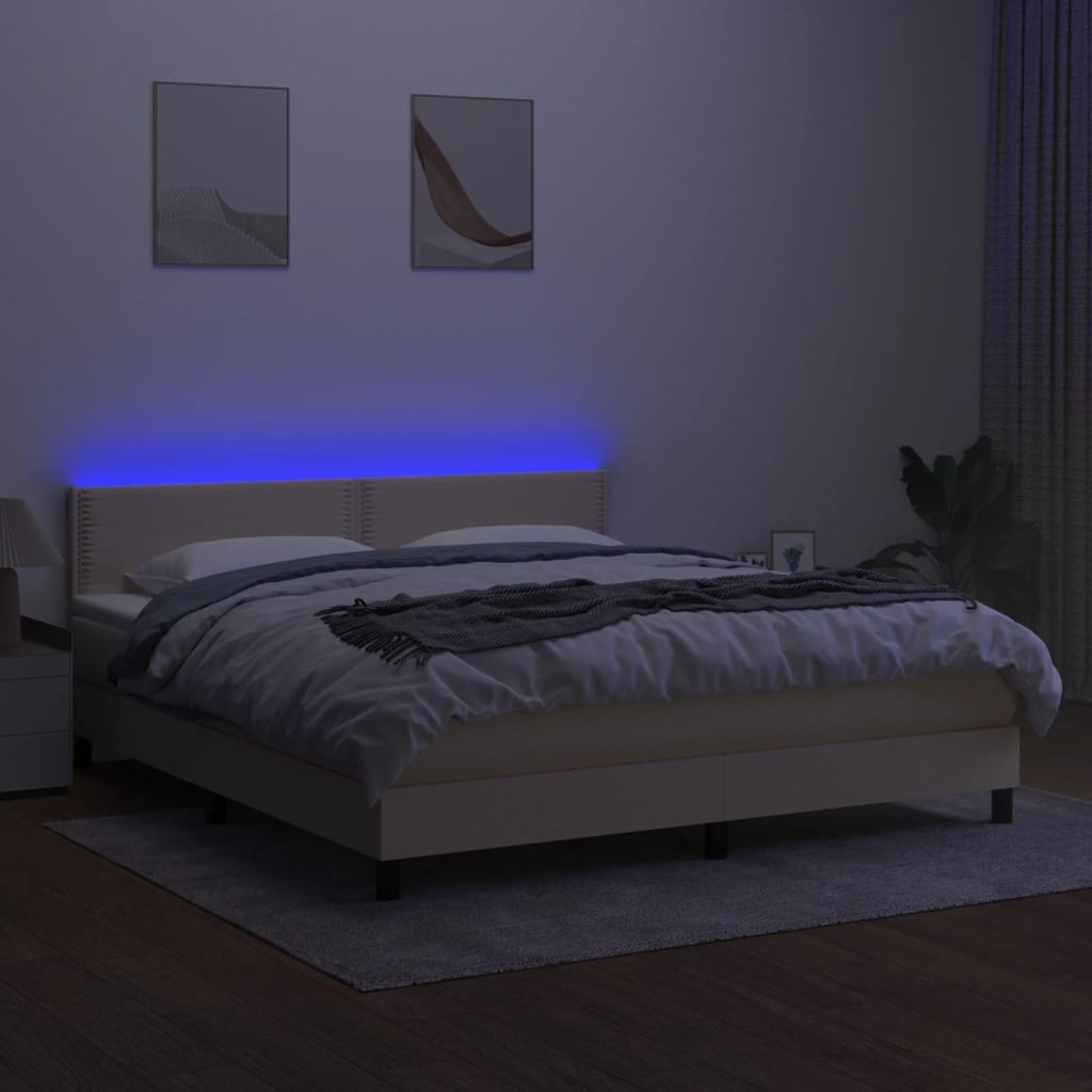 vidaXL Box spring postelja z vzmetnico LED krem 180x200 cm blago