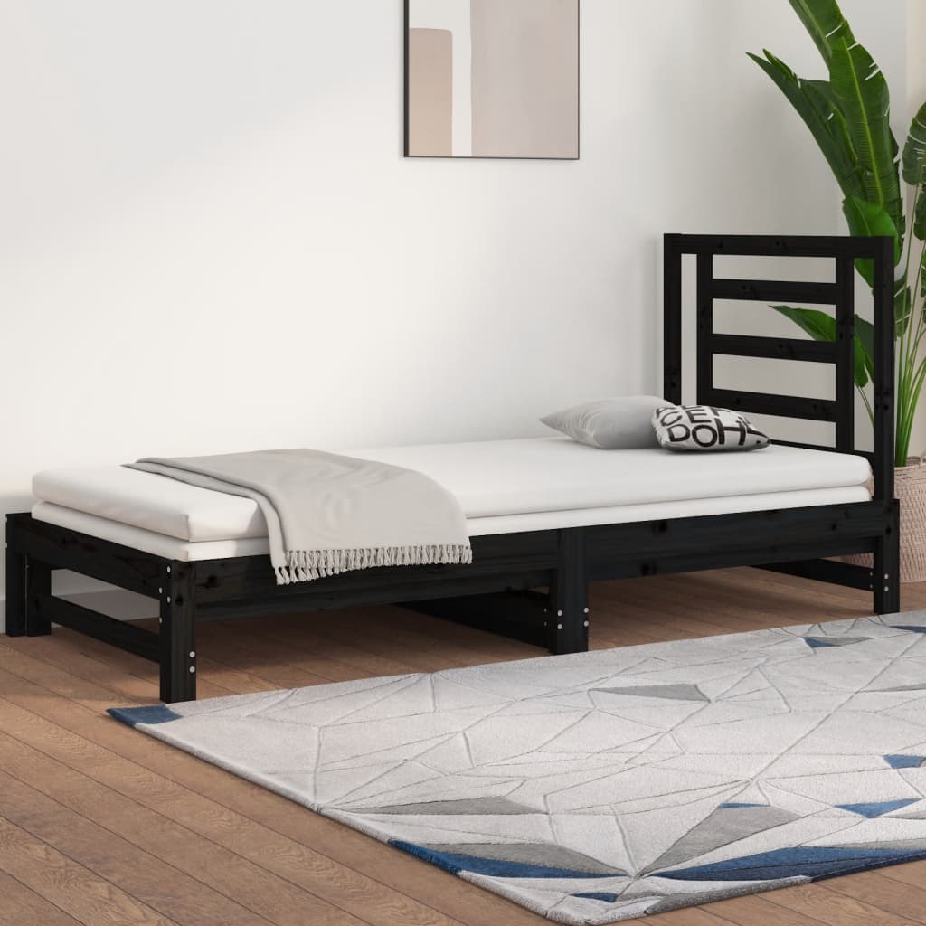 vidaXL Izvlečna dnevna postelja črna 2x(90x190) cm trdna borovina