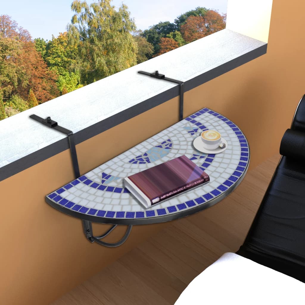 vidaXL Viseča balkonska miza modra in bela mozaik
