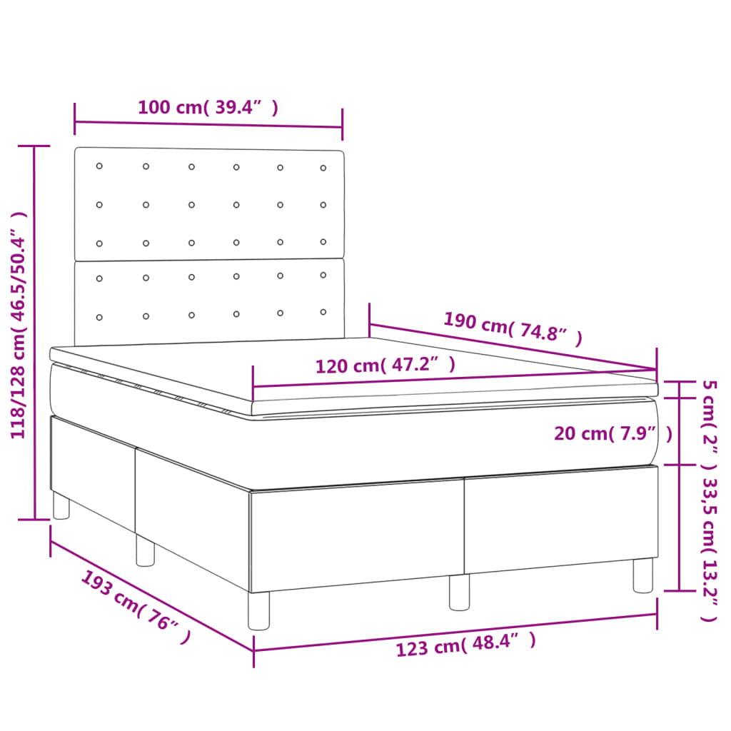 vidaXL Box spring postelja z vzmetnico LED sv. siva 120x190 cm žamet