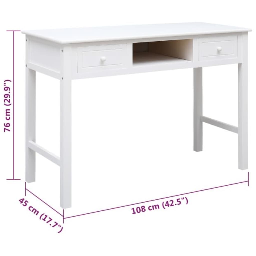 vidaXL Pisalna miza bela 108x45x76 cm trden les pavlovnije
