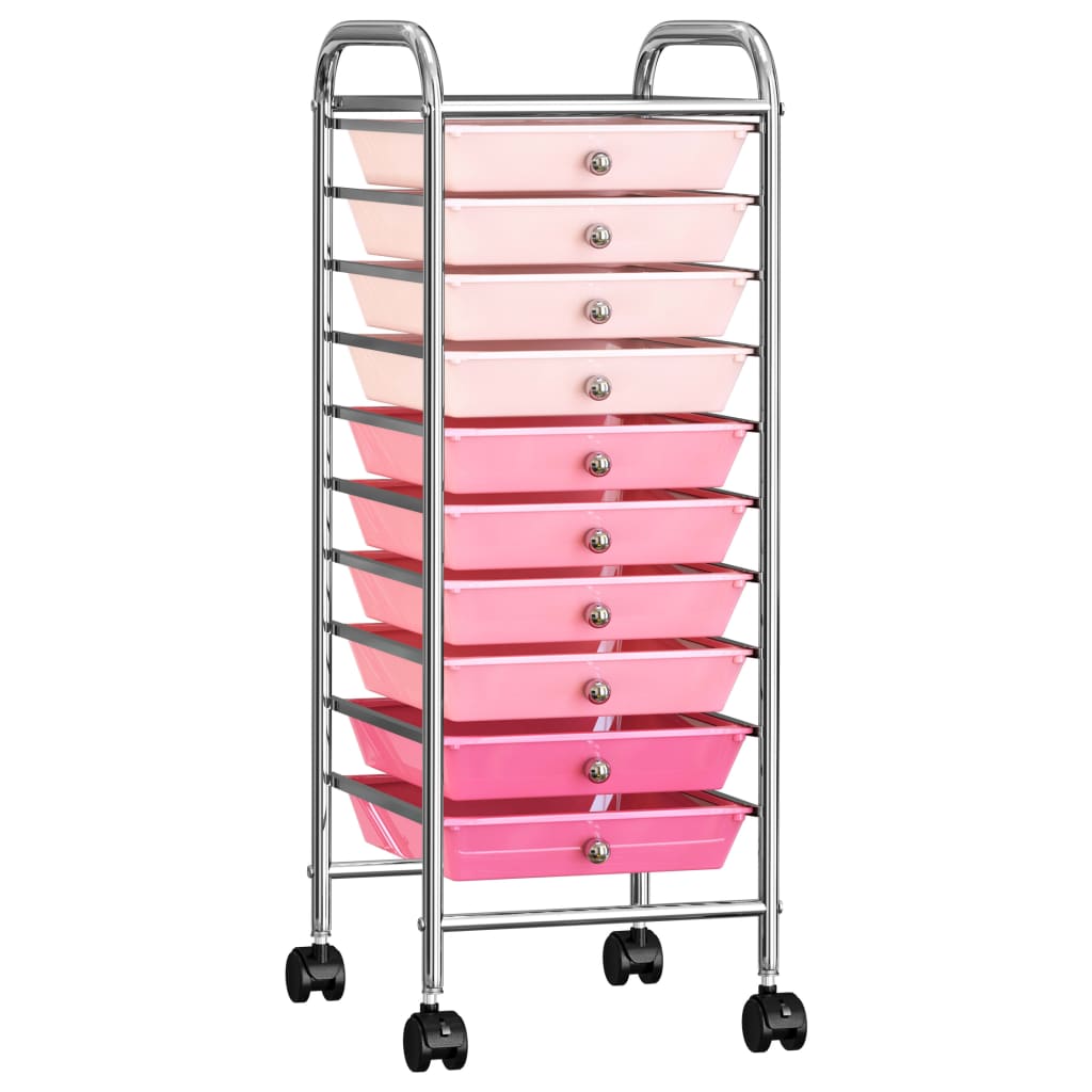 vidaXL Premični voziček z 10 predali ombre roza plastika