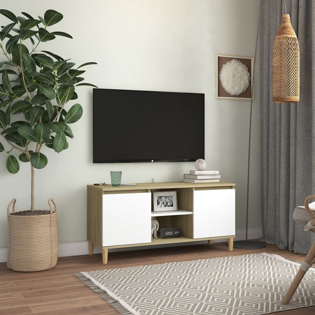 vidaXL TV omarica z lesenimi nogami bela in son. hrast 103,5x35x50 cm