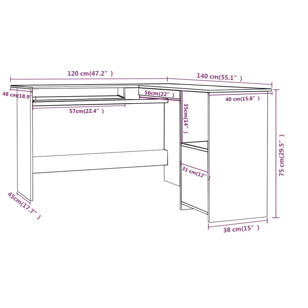 vidaXL Kotna miza L-oblike betonsko siva 120x140x75 cm iverna plošča