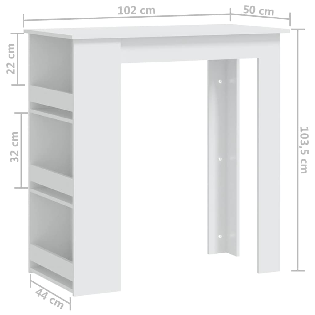 vidaXL Barska miza s policami bela 102x50x103,5 cm iverna plošča