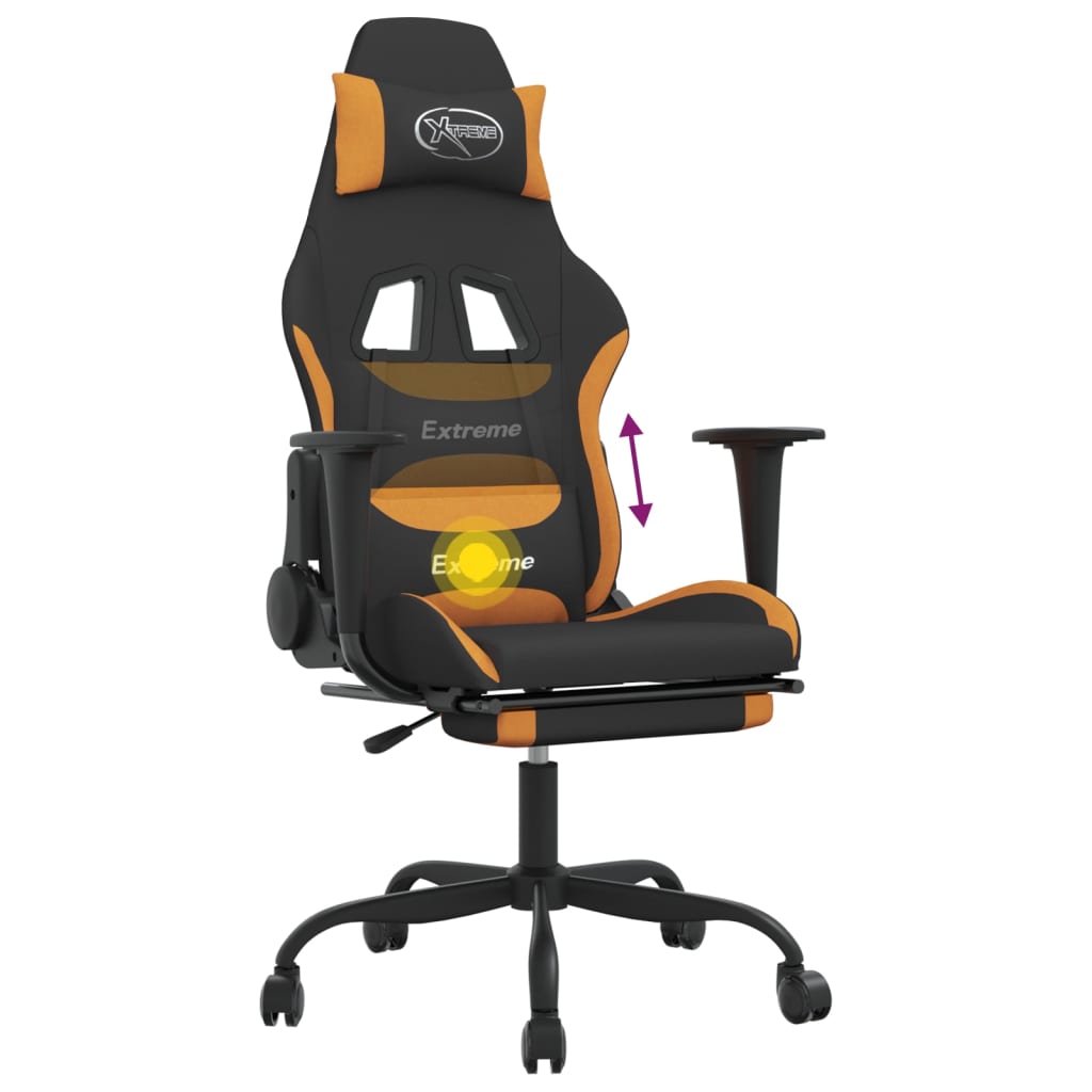 vidaXL Masažni gaming stol z oporo za noge črno in oranžno blago