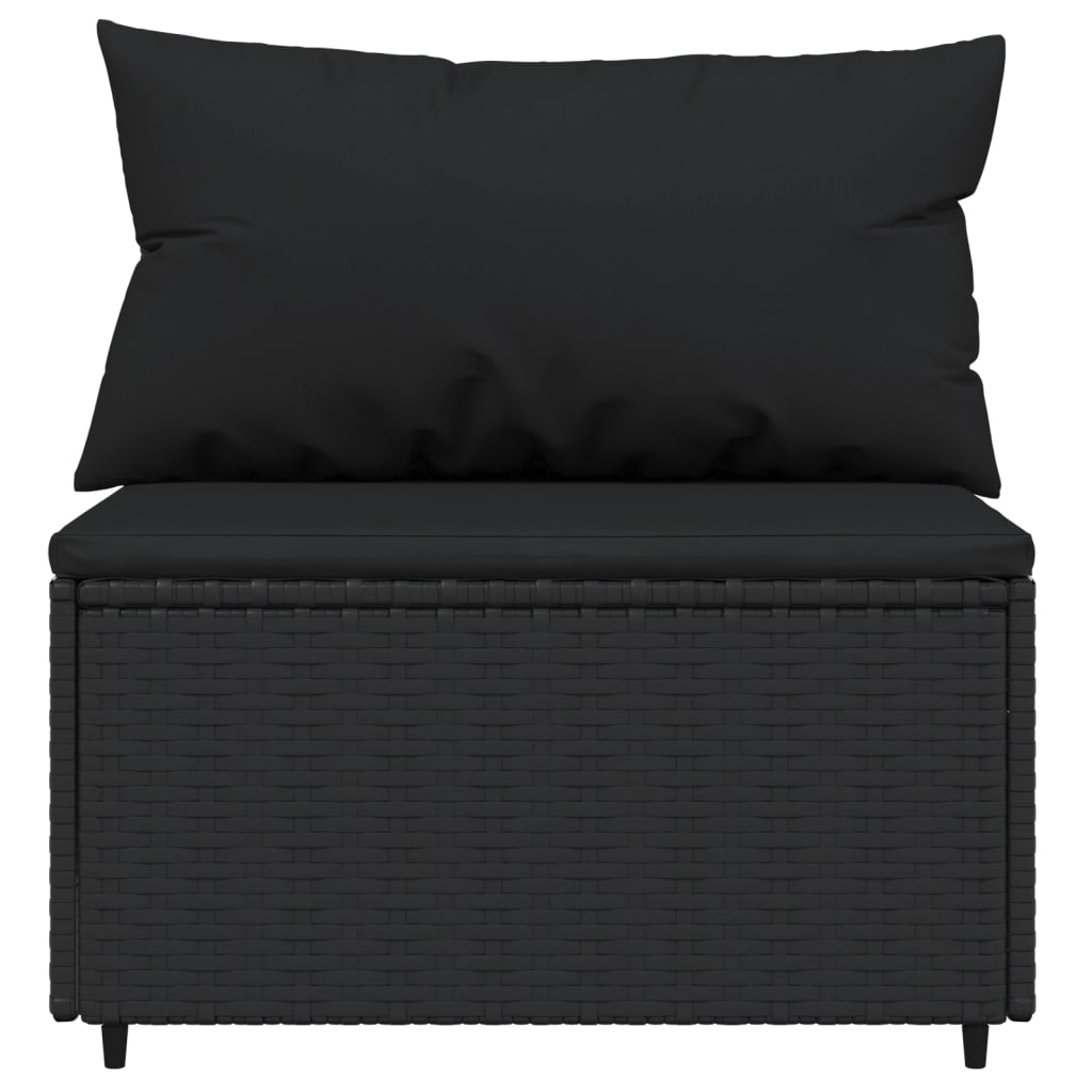 vidaXL Vrtni sredinski kavč z blazinami črn poli ratan