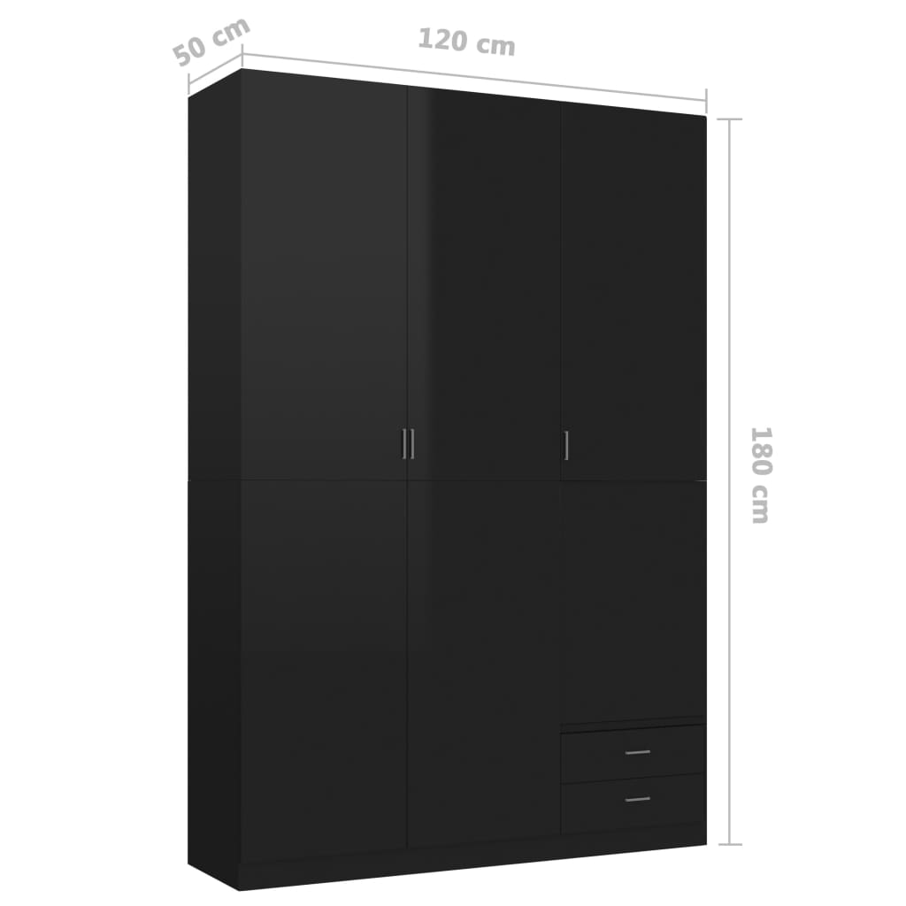 vidaXL Garderobna omara s 3 vrati visok sijaj črna 120x50x180 cm