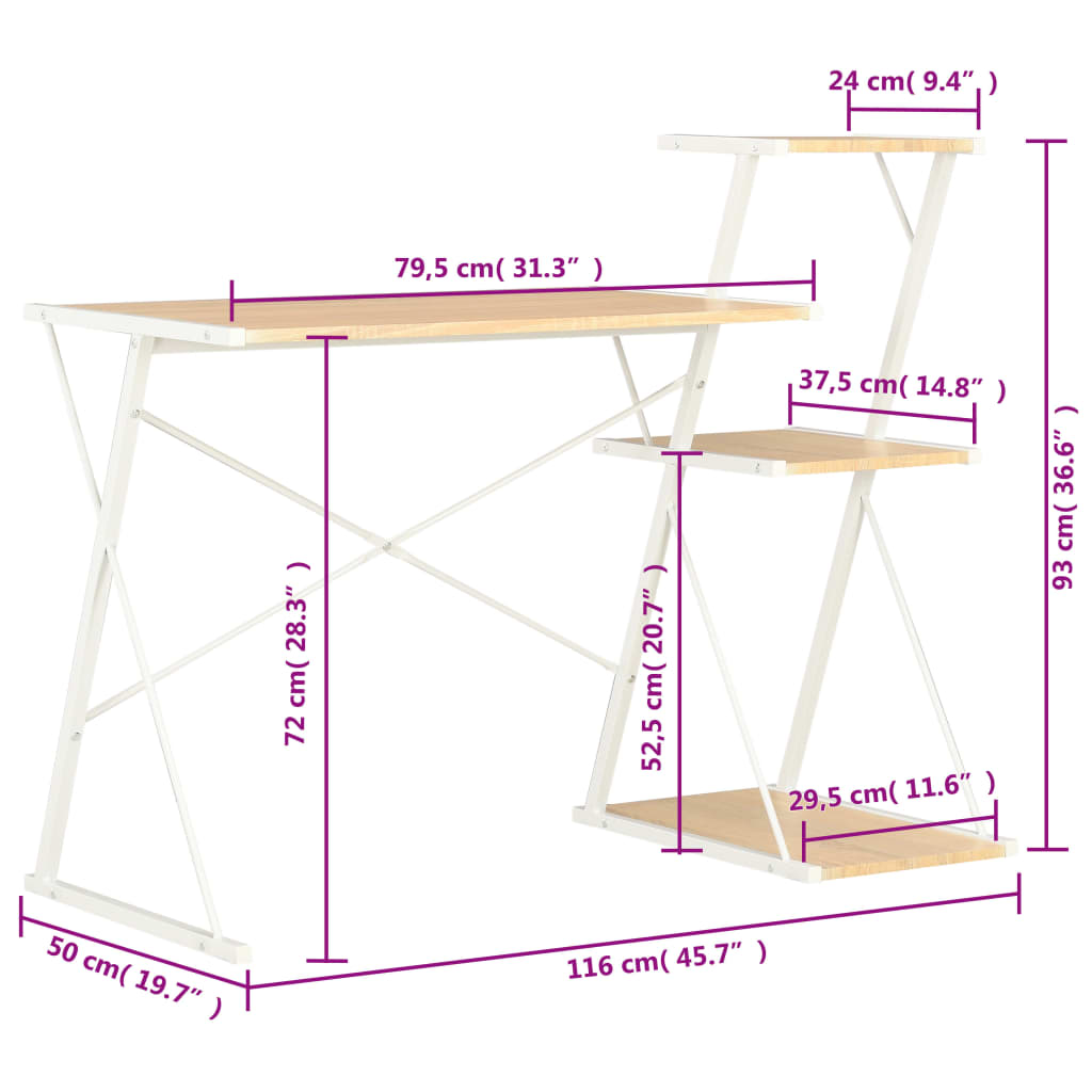 vidaXL Pisalna miza s polico bela in barva hrasta 116x50x93 cm
