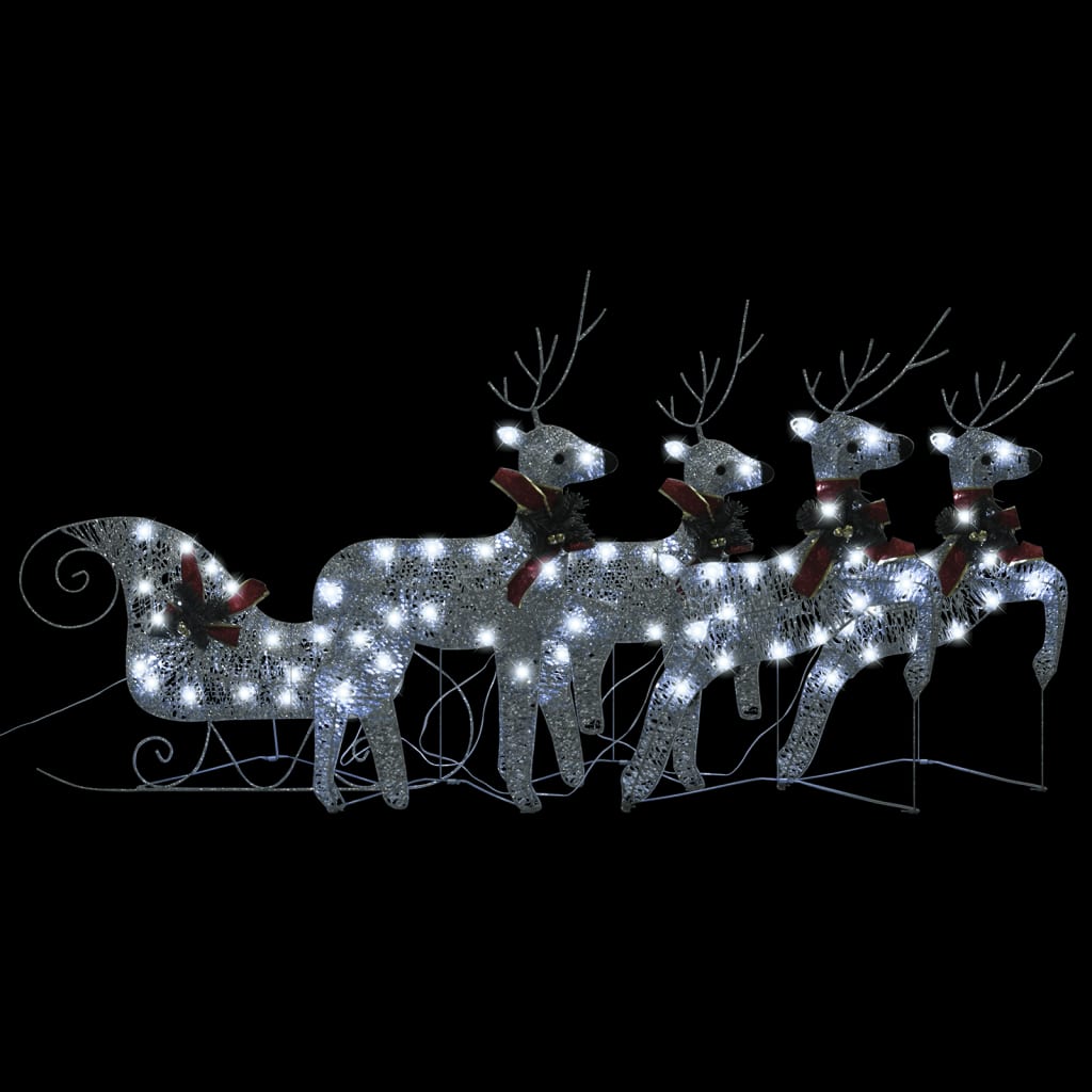 vidaXL Zunanji božični jeleni s sanmi 100 LED lučk srebrni