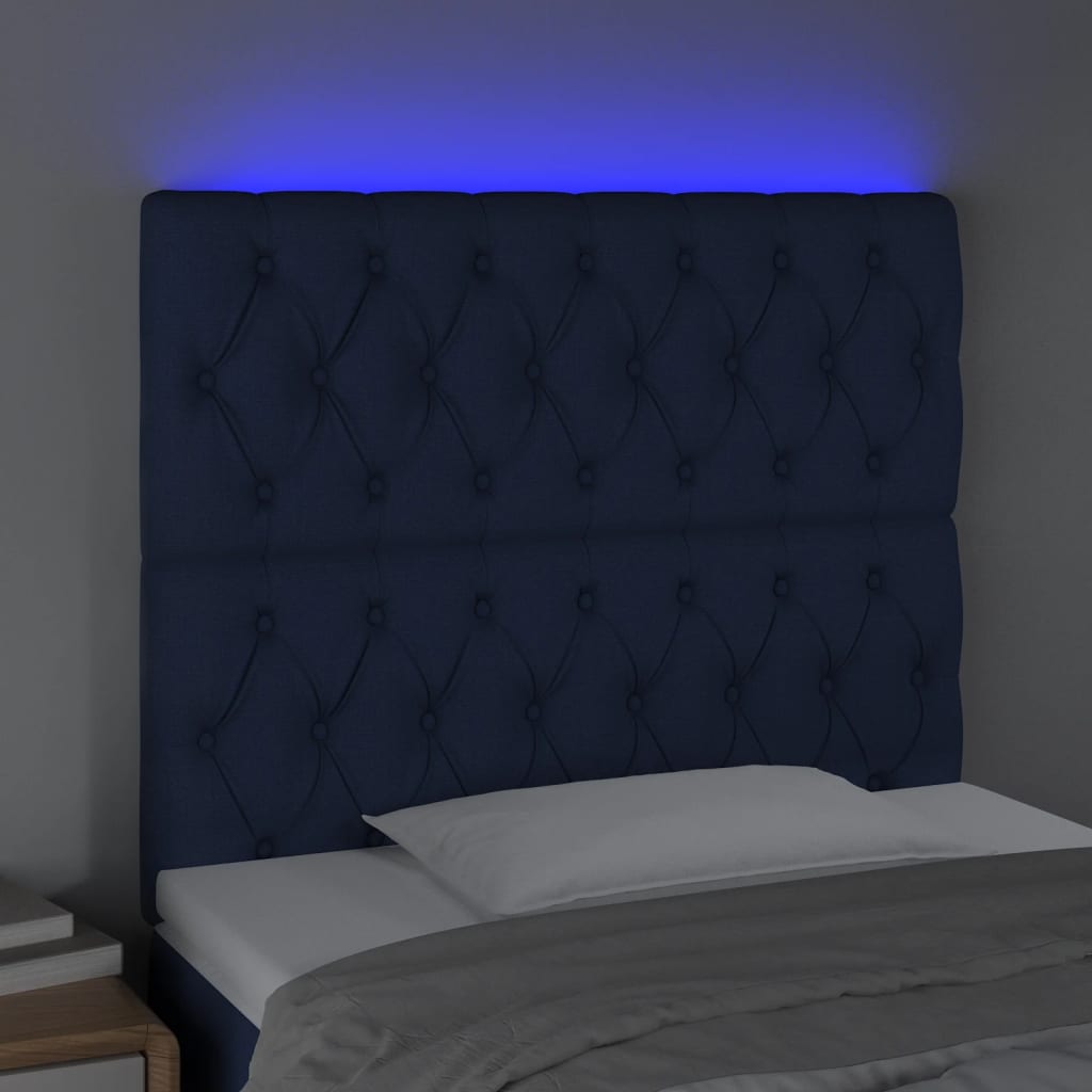 vidaXL LED posteljno vzglavje modro 100x7x118/128 cm blago