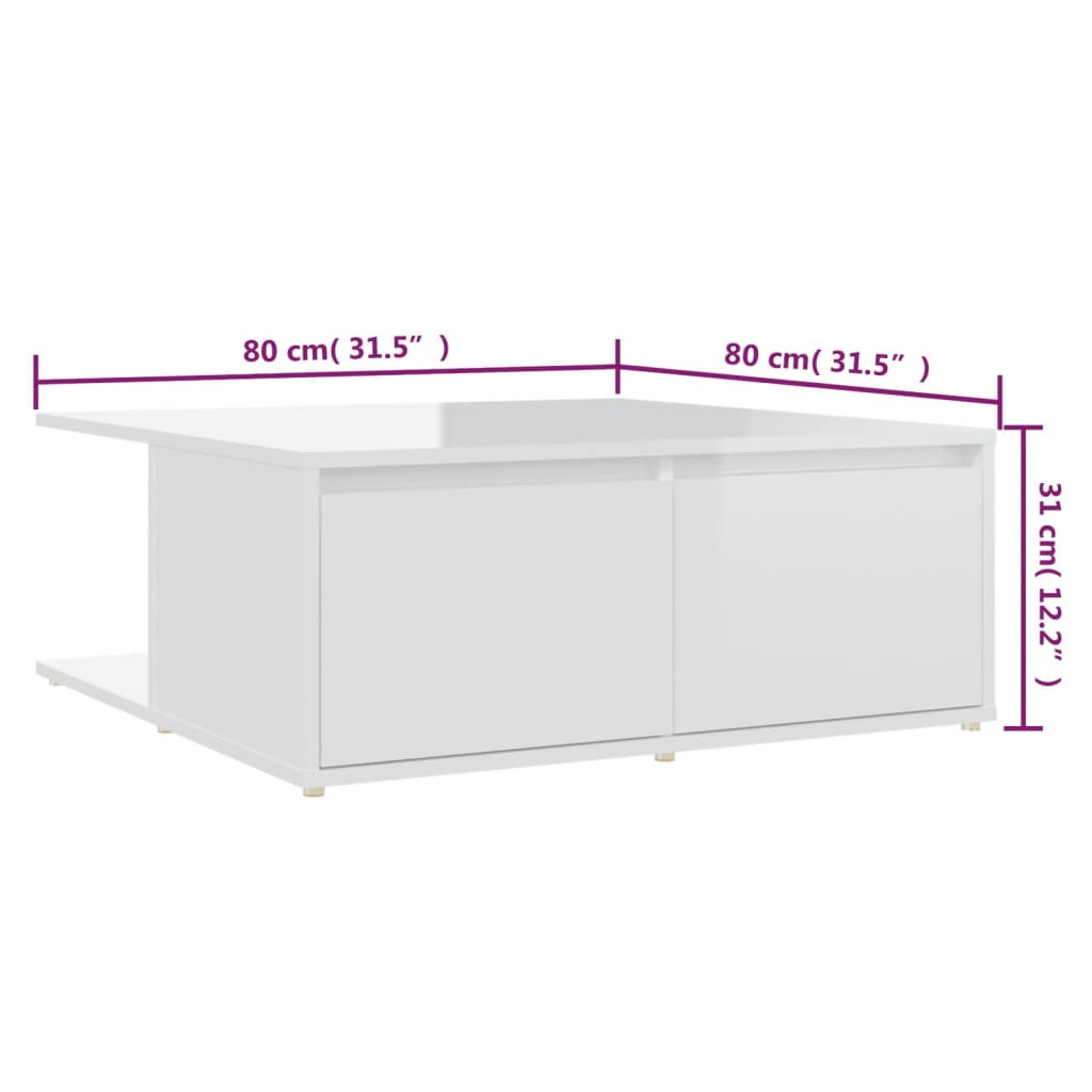 vidaXL Klubska mizica visok sijaj bela 80x80x31 cm iverna plošča