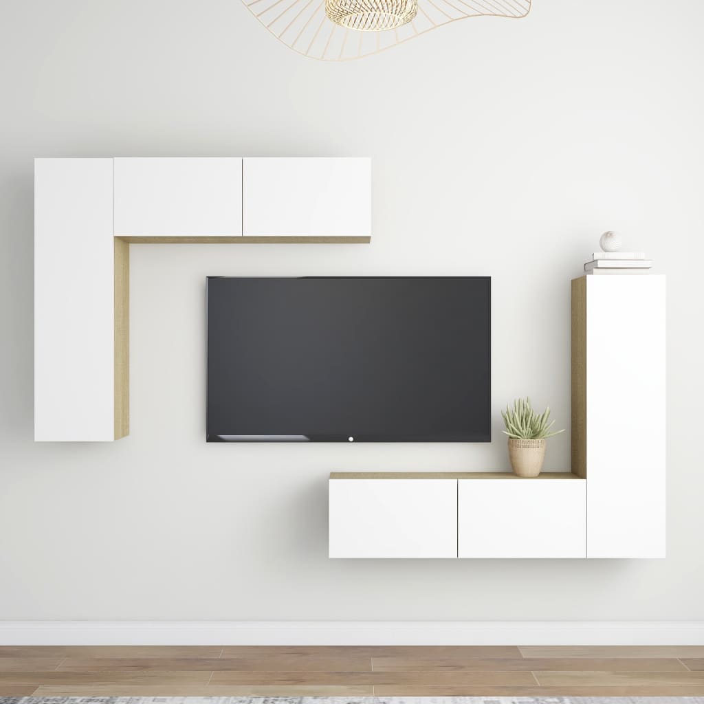 vidaXL Komplet TV omaric 4-delni bel in sonoma hrast iverna plošča