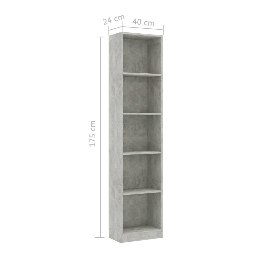 vidaXL Knjižna omara 5-nadstropna betonsko siva 40x24x175cm iverna pl.