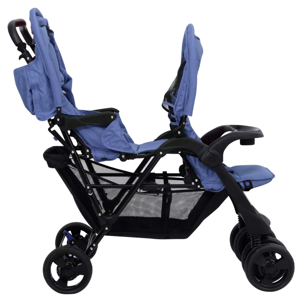 vidaXL Otroški voziček za dvojčke mornarsko modro jeklo