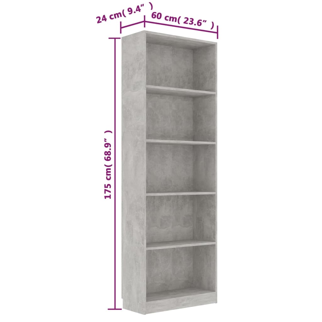 vidaXL Knjižna omara 5-nadstropna betonsko siva 60x24x175 cm