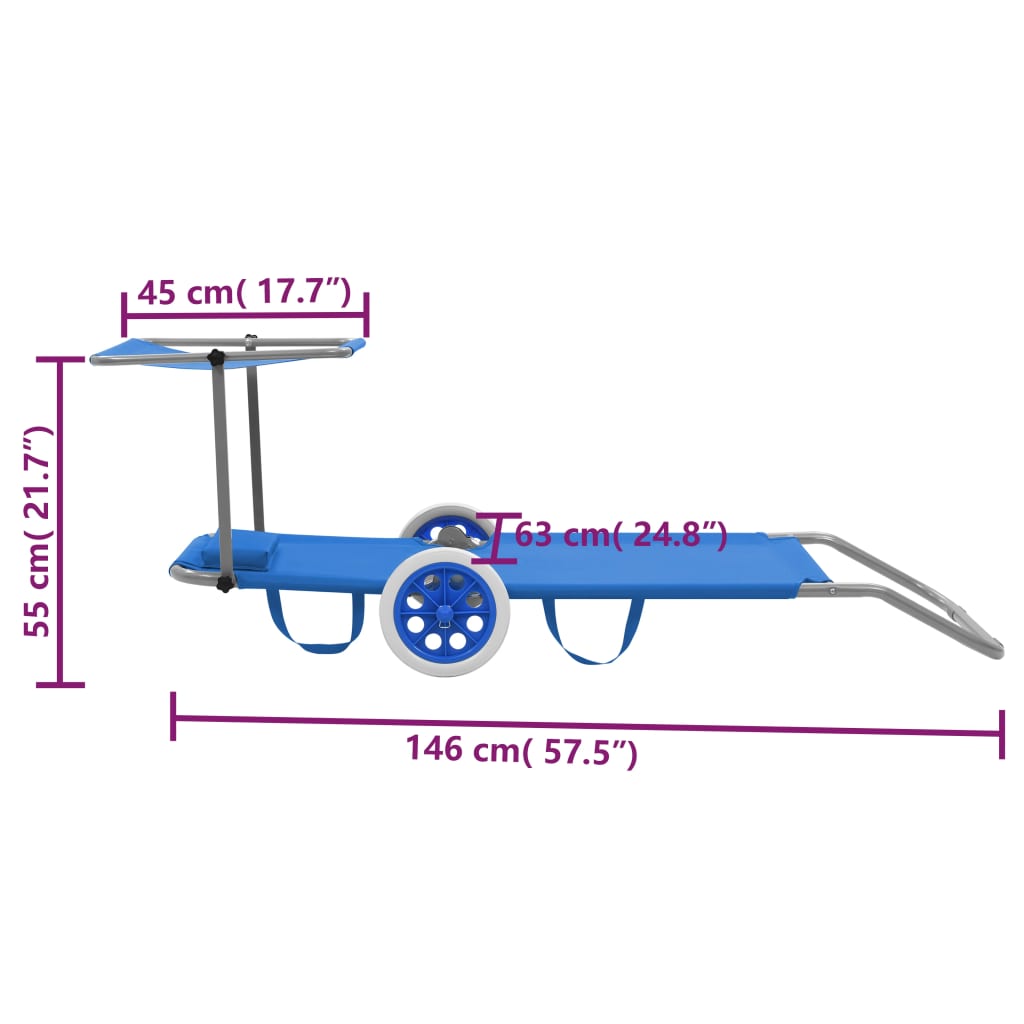 vidaXL Zložljiv ležalnik s streho in kolesi jeklo moder