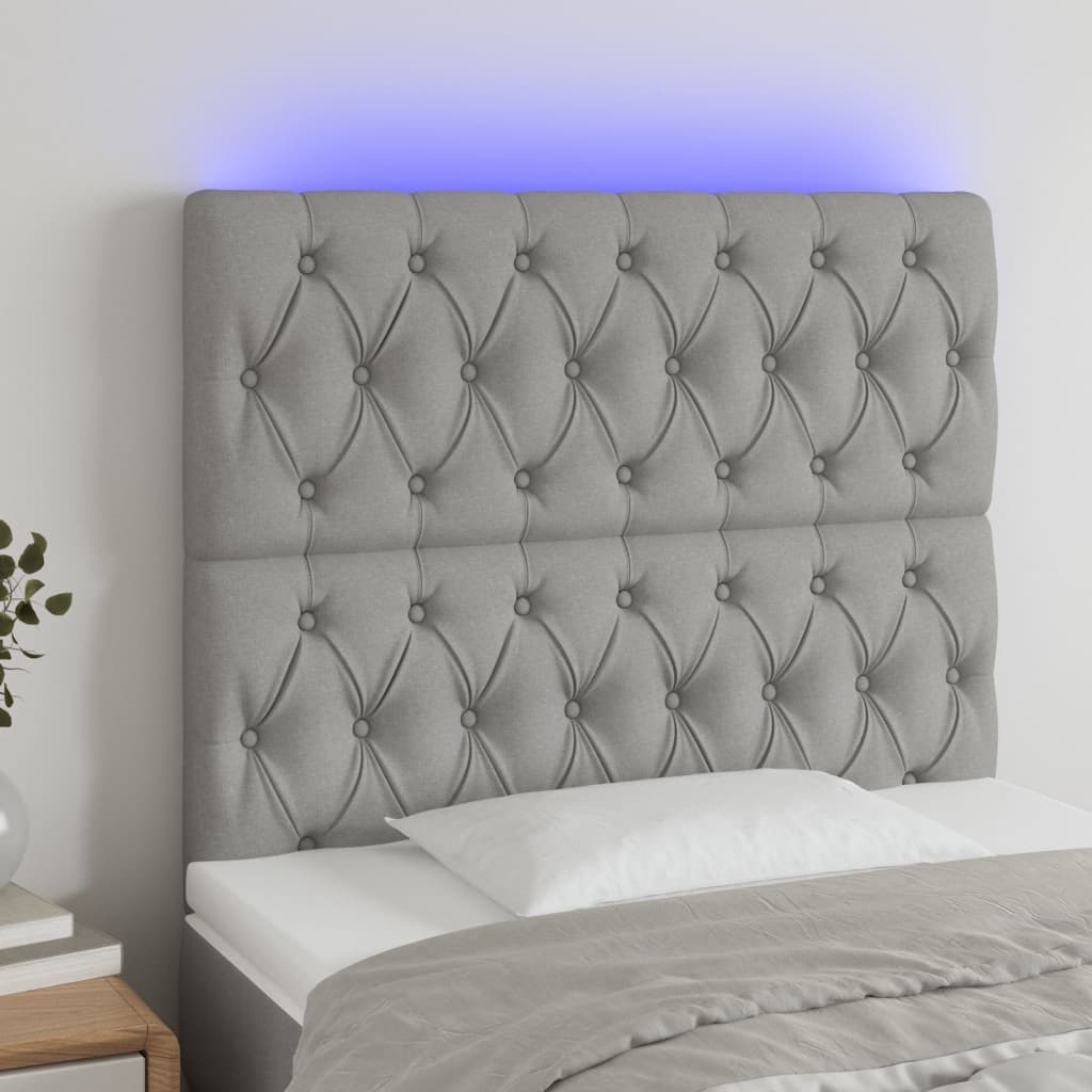 vidaXL LED posteljno vzglavje svetlo sivo 90x7x118/128 cm blago